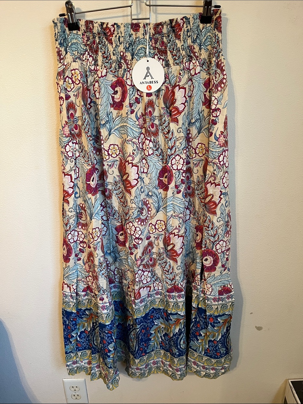 Anrabess Floral Cream Maxi Skirt with Blue & Red Accents